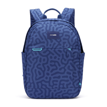 Pacsafe® GO 15L Anti-theft Backpack by Pacsafe in blue with abstract pattern, front zipper & side pockets.