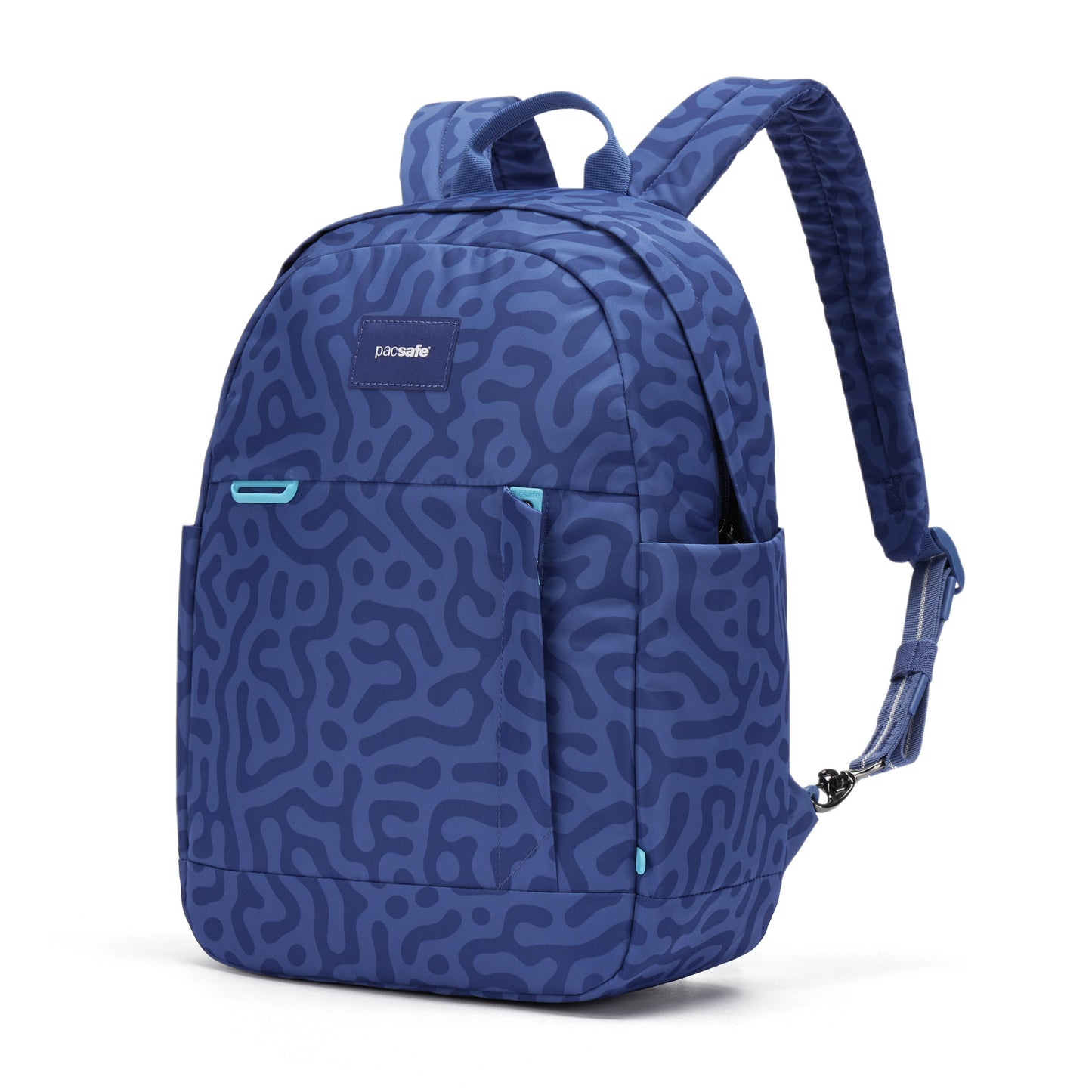 Pacsafe® GO 15L Anti-theft Backpack in blue with abstract pattern, RFID pocket, and padded straps.
