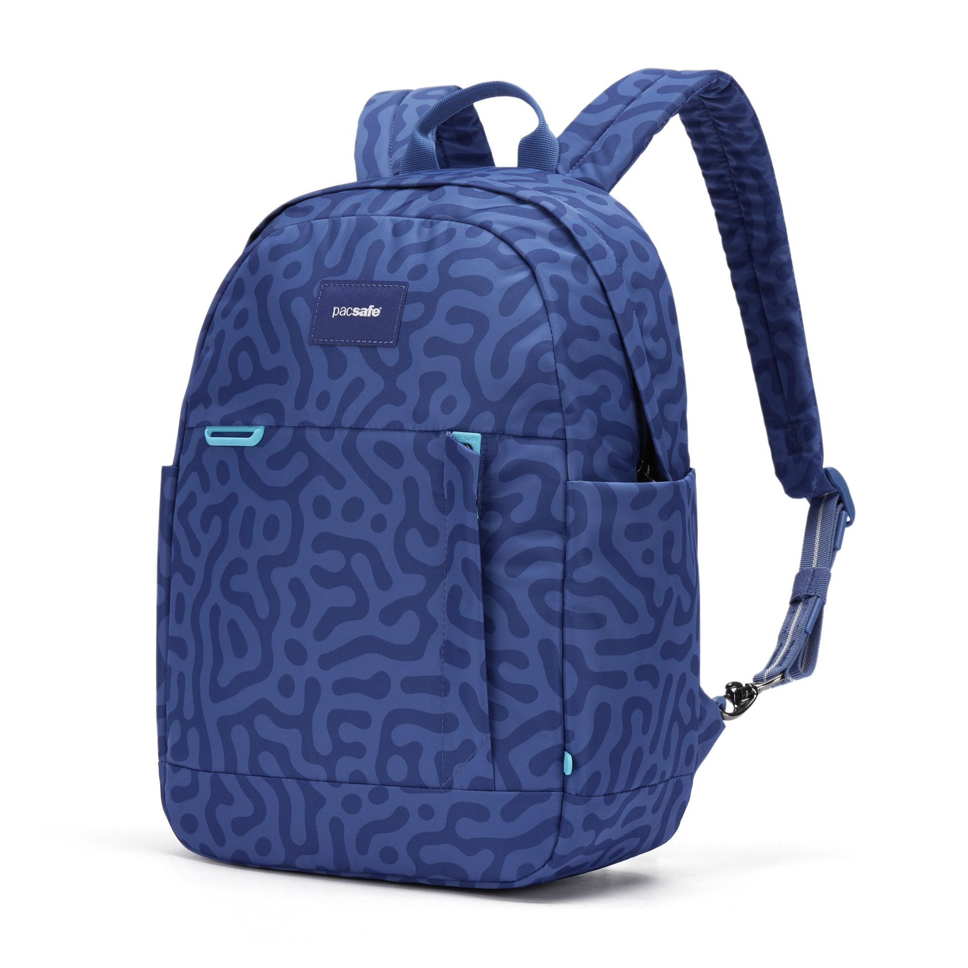 Pacsafe® GO 15L Anti-theft Backpack in blue with abstract pattern, RFID pocket, and padded straps.