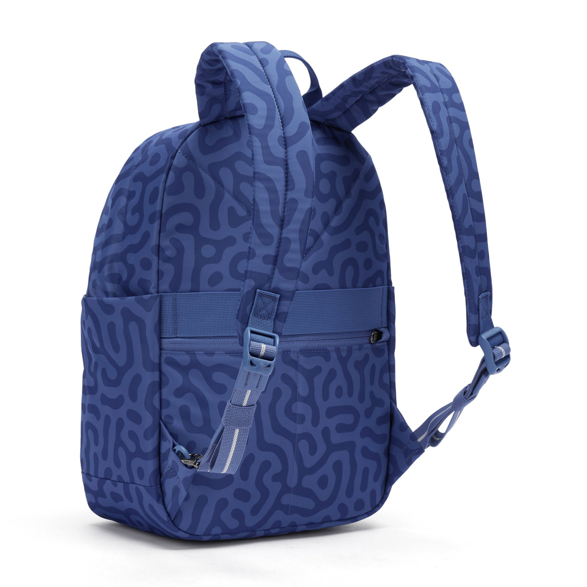 Pacsafe® GO 15L Anti-theft Backpack by Pacsafe: abstract blue, RFID pocket, adjustable recycled straps.
