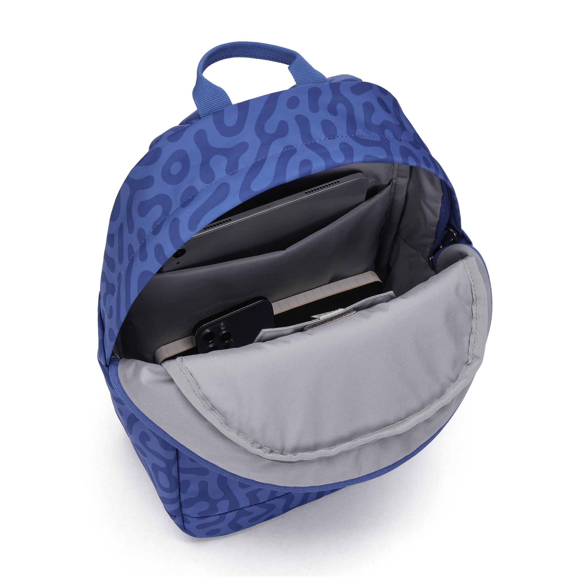 Pacsafe® GO 15L Anti-theft Backpack by Pacsafe: blue, grey interior, compartments, RFID blocking pocket.