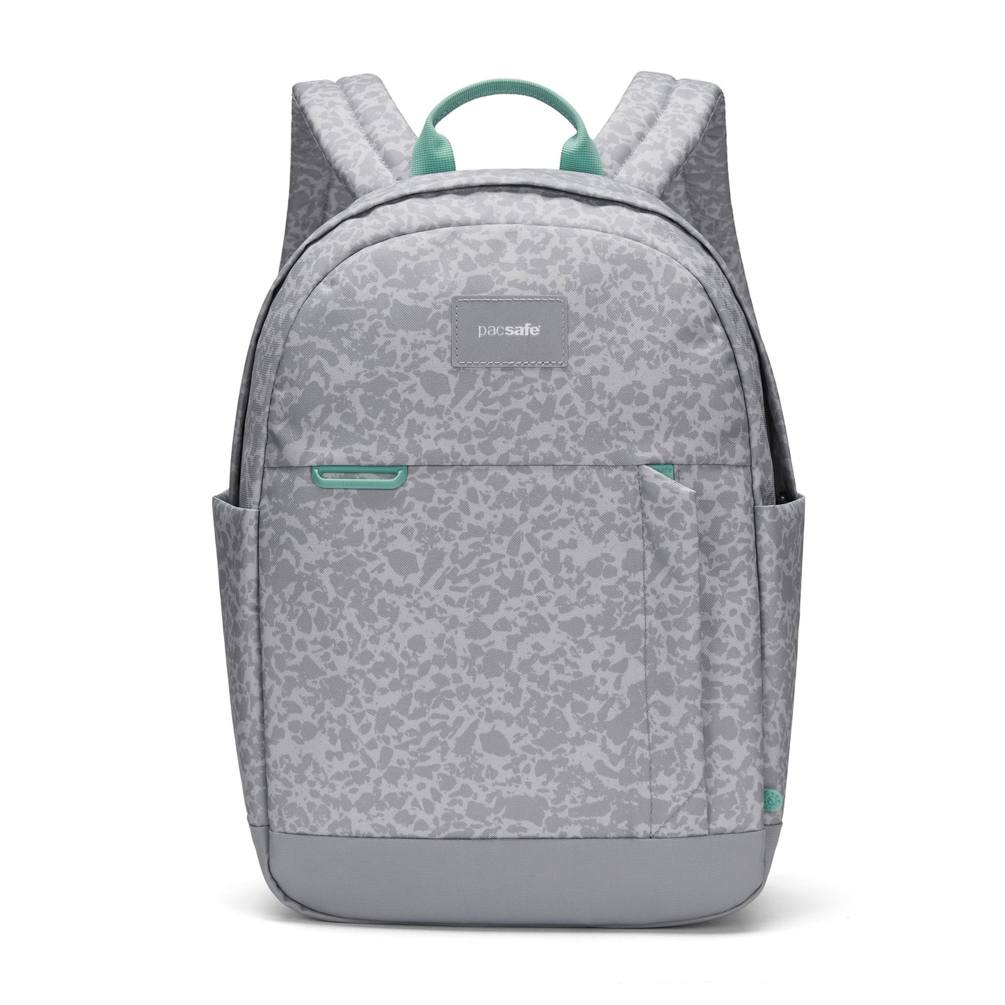 Pacsafe GO 15L Anti-theft Backpack: light grey with teal, RFID pocket, recycled polyester.