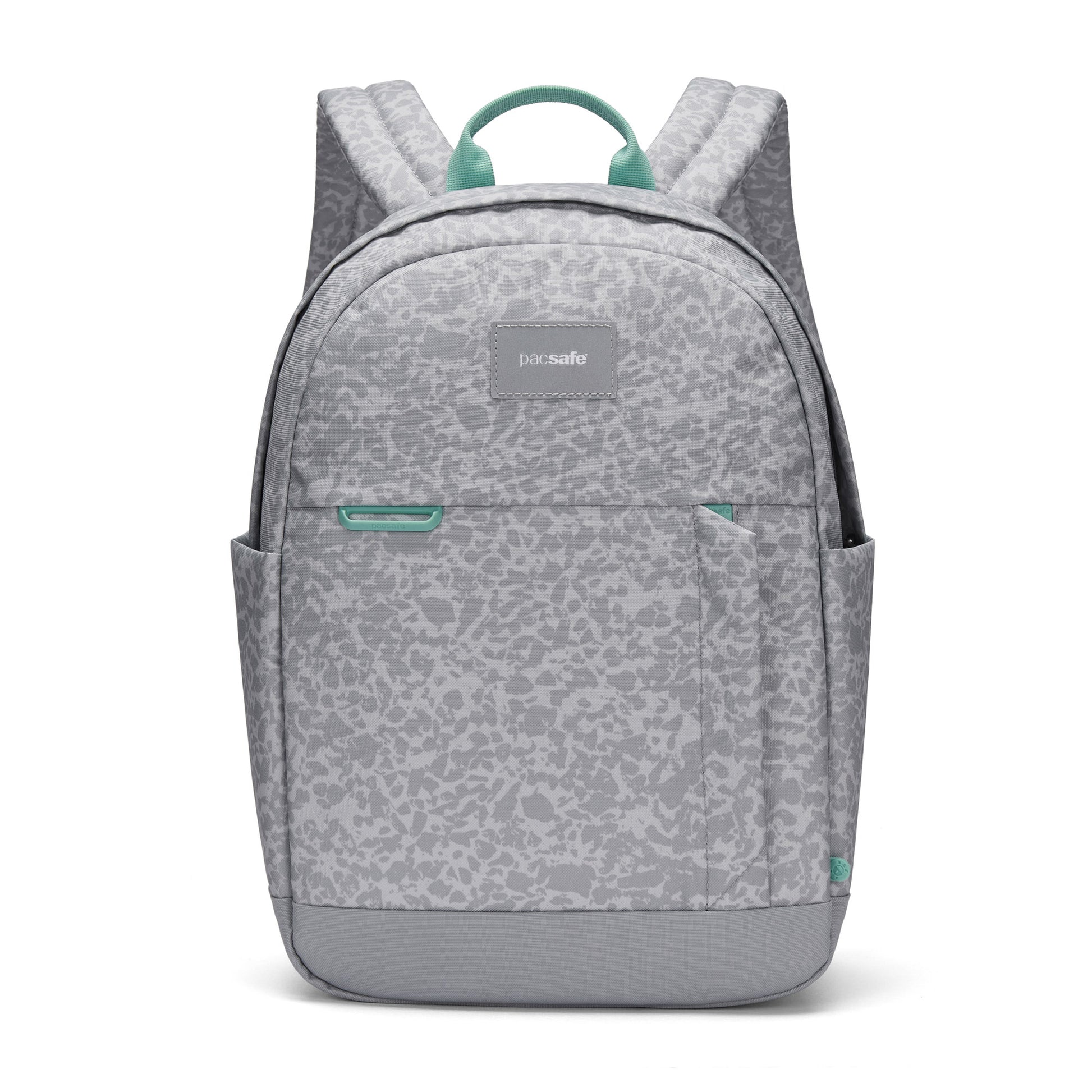 Pacsafe GO 15L Anti-theft Backpack: light grey with teal, RFID pocket, recycled polyester.