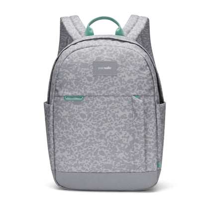 Pacsafe GO 15L Anti-theft Backpack: light grey with teal, RFID pocket, recycled polyester.