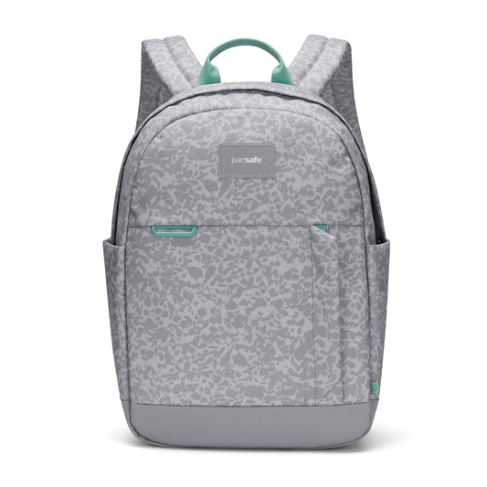 Product Image – Pacsafe GO 15L Anti-theft Backpack: light grey with teal, RFID pocket, recycled polyester.