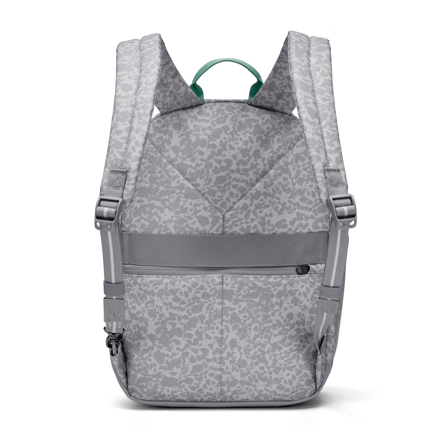 Pacsafe® GO 15L Anti-theft Backpack in gray, back view with padded straps and top handle shown.