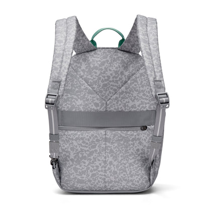 Pacsafe® GO 15L Anti-theft Backpack in gray, back view with padded straps and top handle shown.
