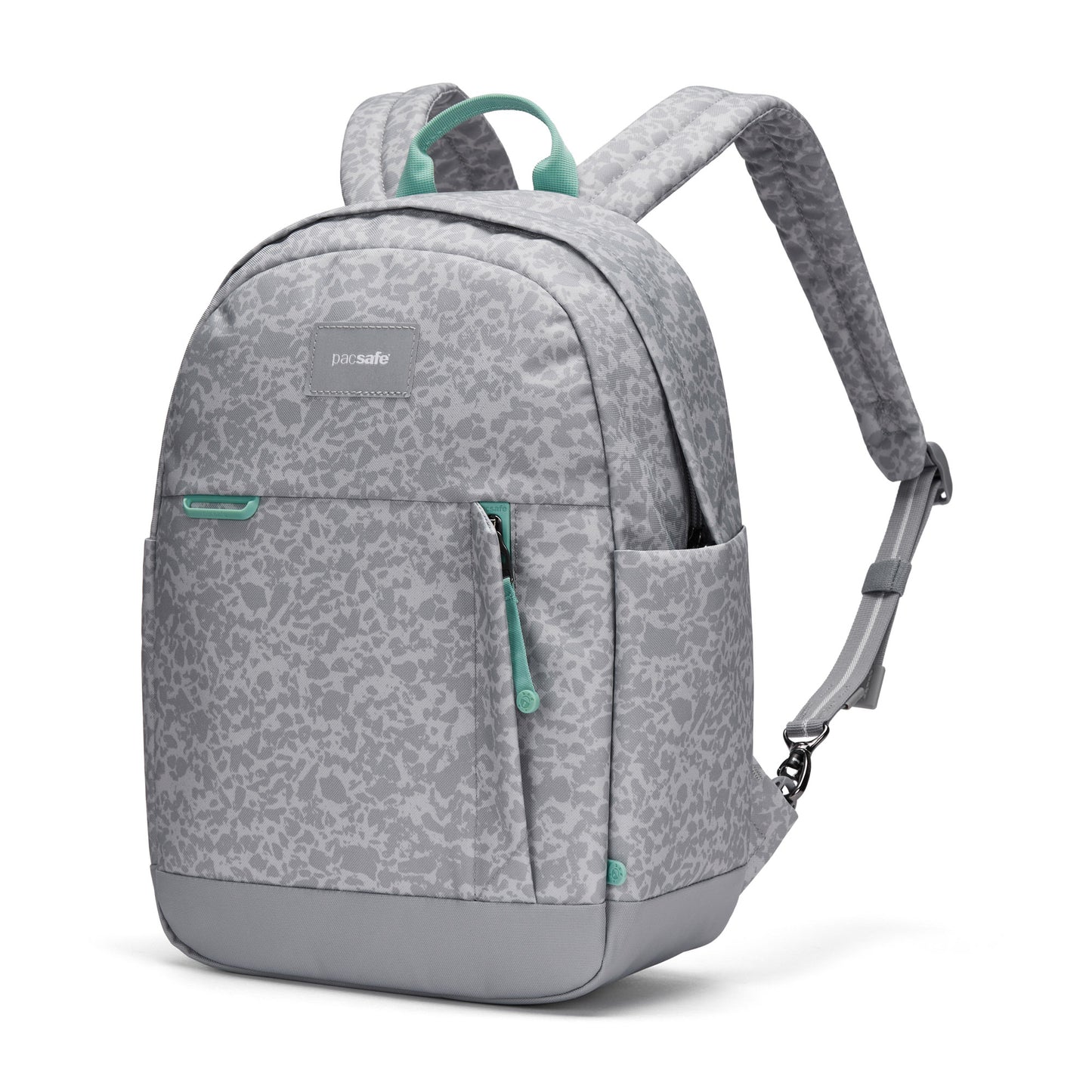 Pacsafe® GO 15L Anti-theft Backpack in light gray with mint accents, RFID blocking, on white background.
