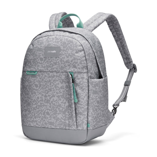 Product Image – Pacsafe® GO 15L Anti-theft Backpack in light gray with mint accents, RFID blocking, on white background.