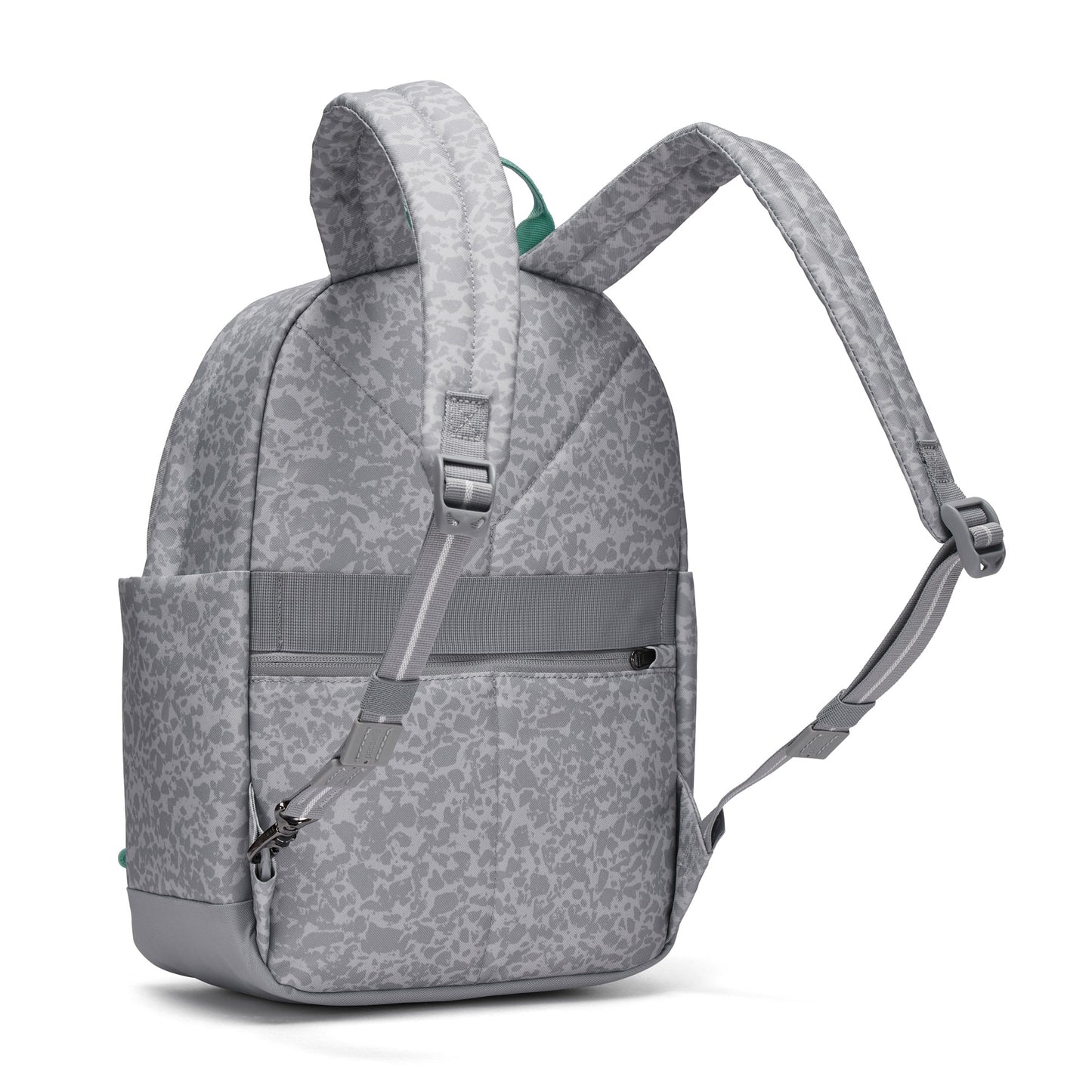 Pacsafe® GO 15L Anti-theft Backpack by Pacsafe, gray with animal print, side pocket, and zippered front shown.