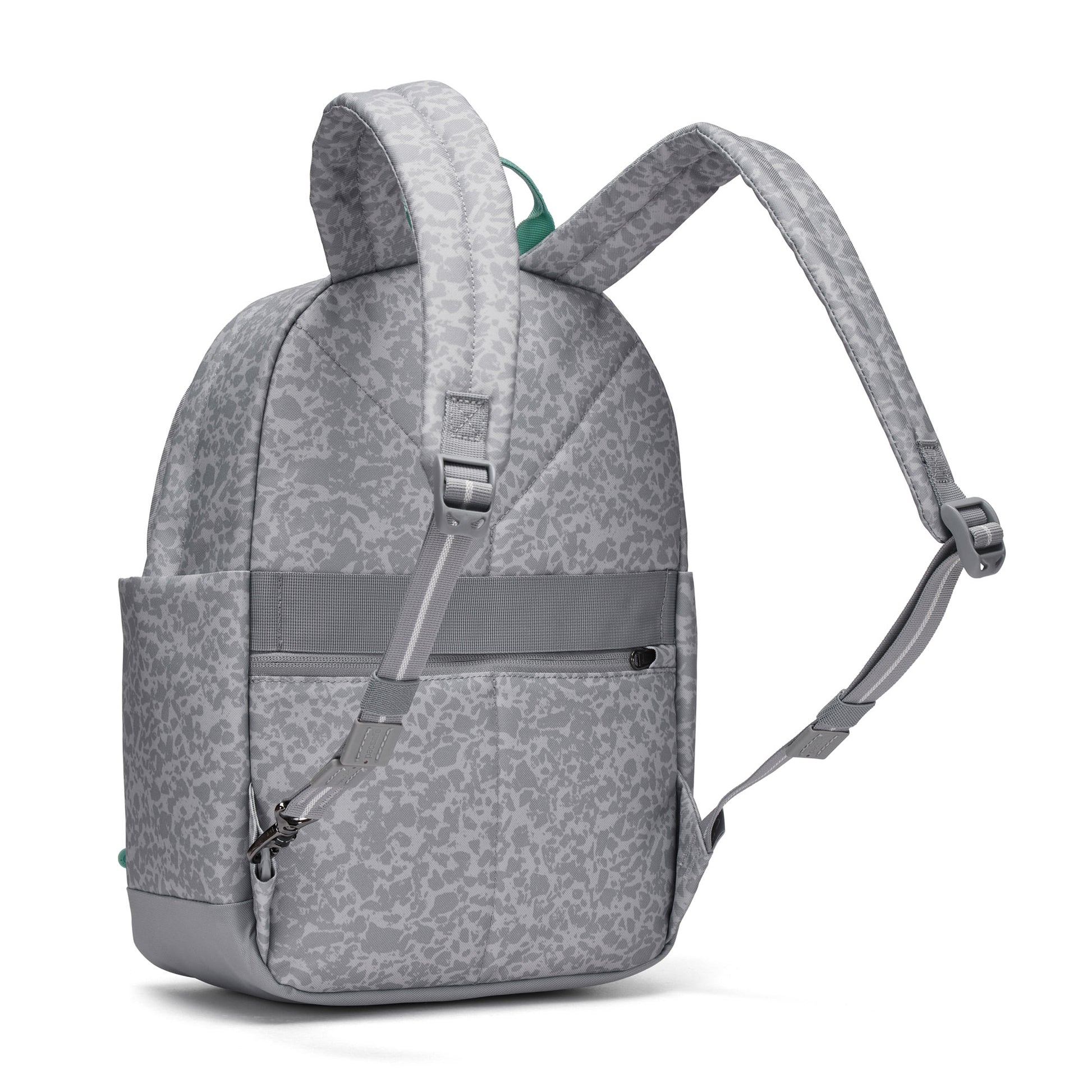 Pacsafe® GO 15L Anti-theft Backpack by Pacsafe, gray with animal print, side pocket, and zippered front shown.