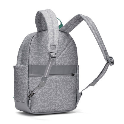 Pacsafe® GO 15L Anti-theft Backpack by Pacsafe, gray with animal print, side pocket, and zippered front shown.