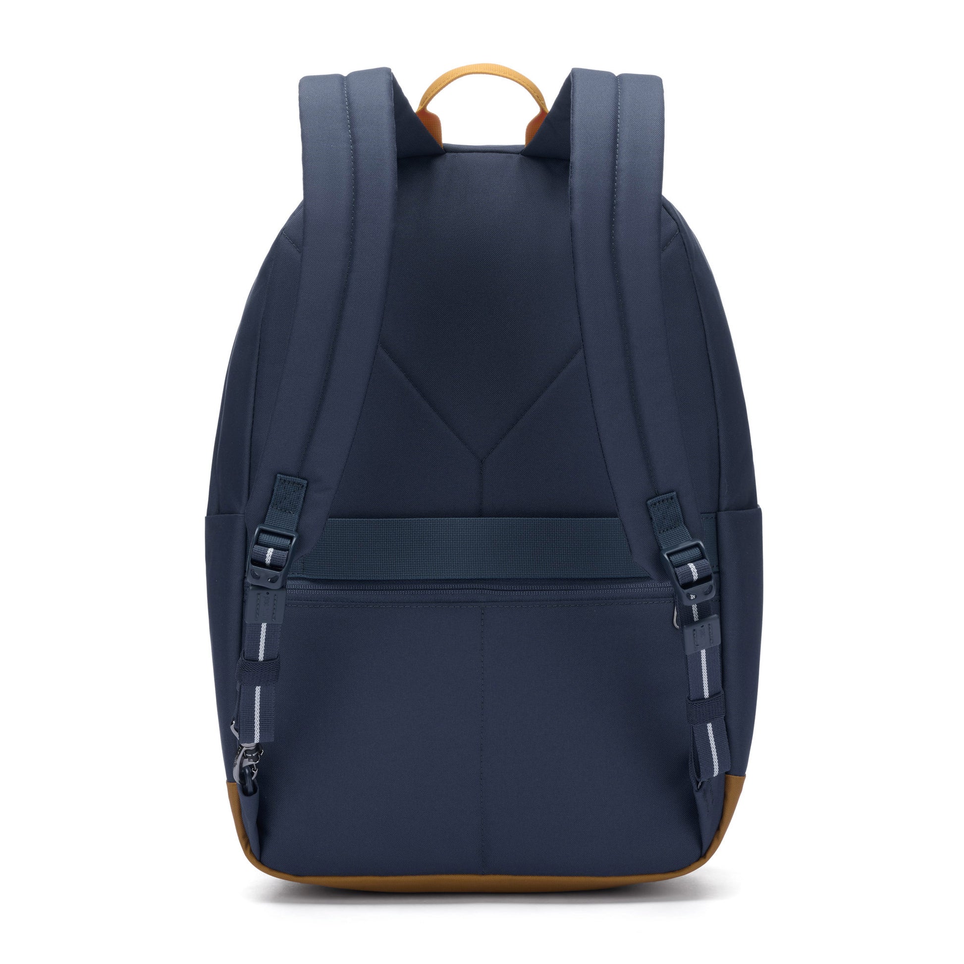 Pacsafe® Go 25L Anti-theft Backpack, coastal blue with tan bottom gusset, back view