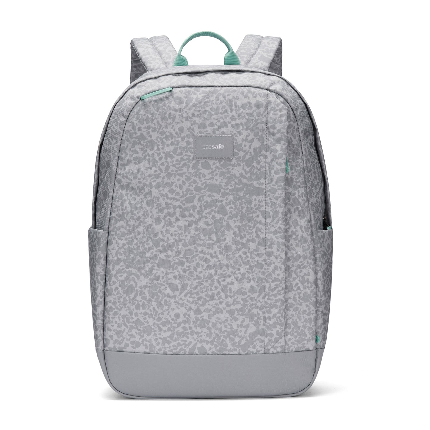 Pacsafe® GO 25L anti-theft backpack in light gray with teal accents, zip pocket, and dual side pockets.