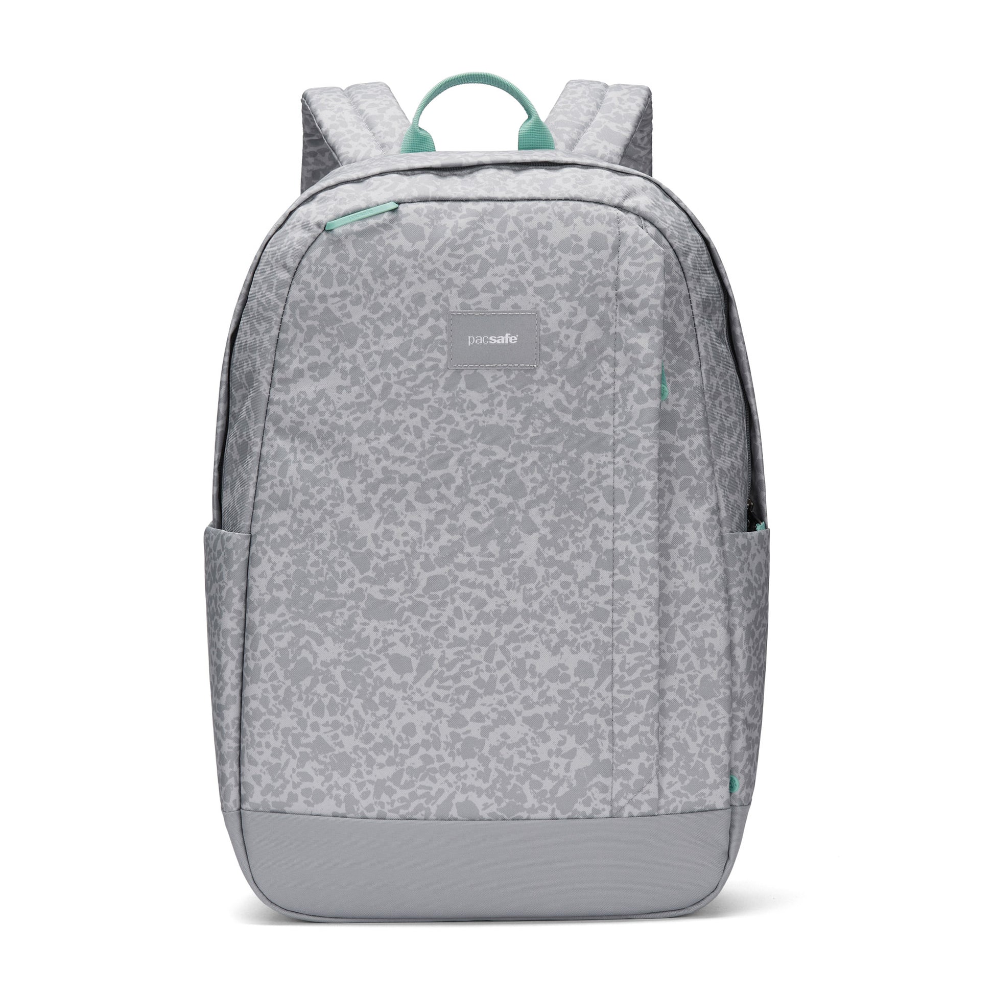 Pacsafe® GO 25L anti-theft backpack in light gray with teal accents, zip pocket, and dual side pockets.