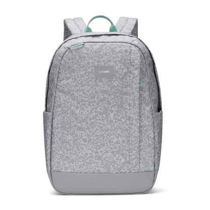 Pacsafe® GO 25L anti-theft backpack in light gray with teal accents, zip pocket, and dual side pockets.