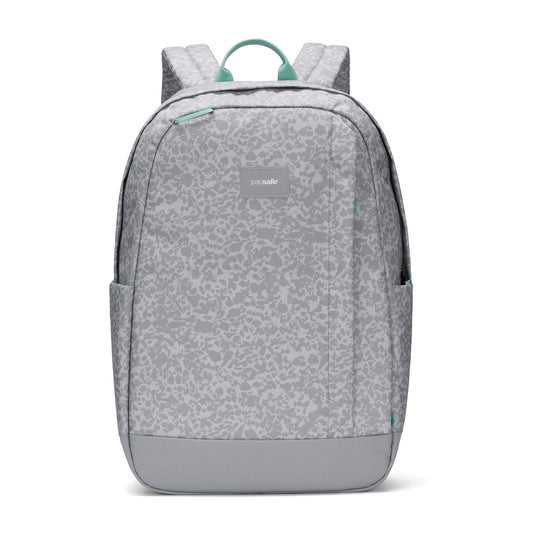 Product Image – Pacsafe® GO 25L anti-theft backpack in light gray with teal accents, zip pocket, and dual side pockets.