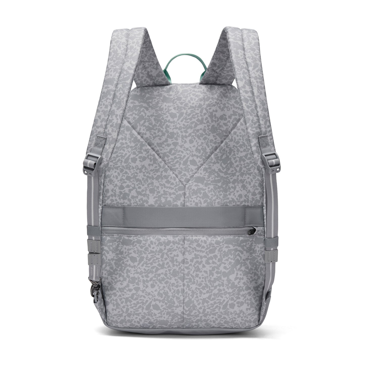 Pacsafe® GO 25L Anti-theft Backpack in gray, shown from the back with padded straps and front zip pocket.