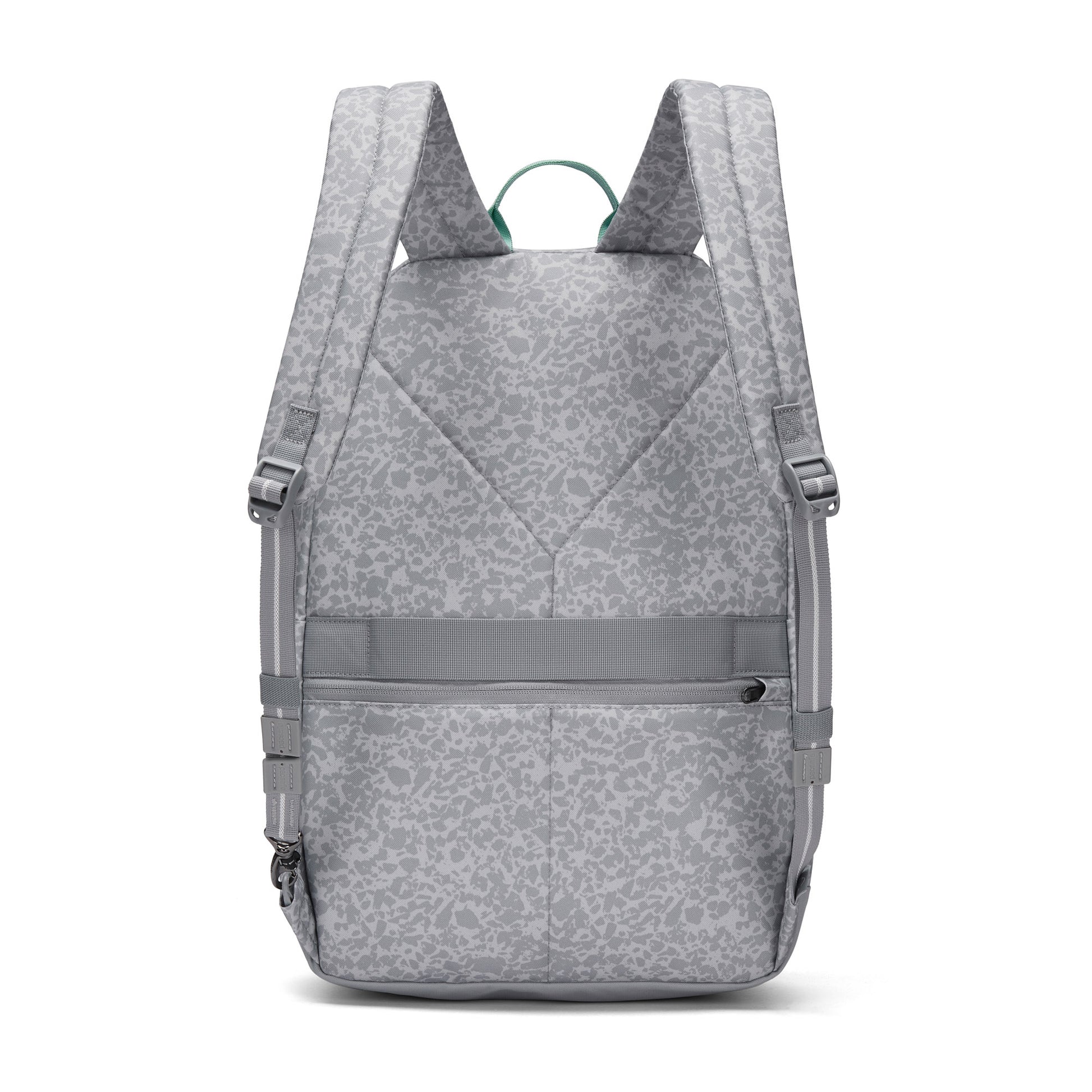 Pacsafe® GO 25L Anti-theft Backpack in gray, shown from the back with padded straps and front zip pocket.