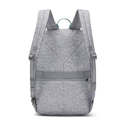 Pacsafe® GO 25L Anti-theft Backpack in gray, shown from the back with padded straps and front zip pocket.