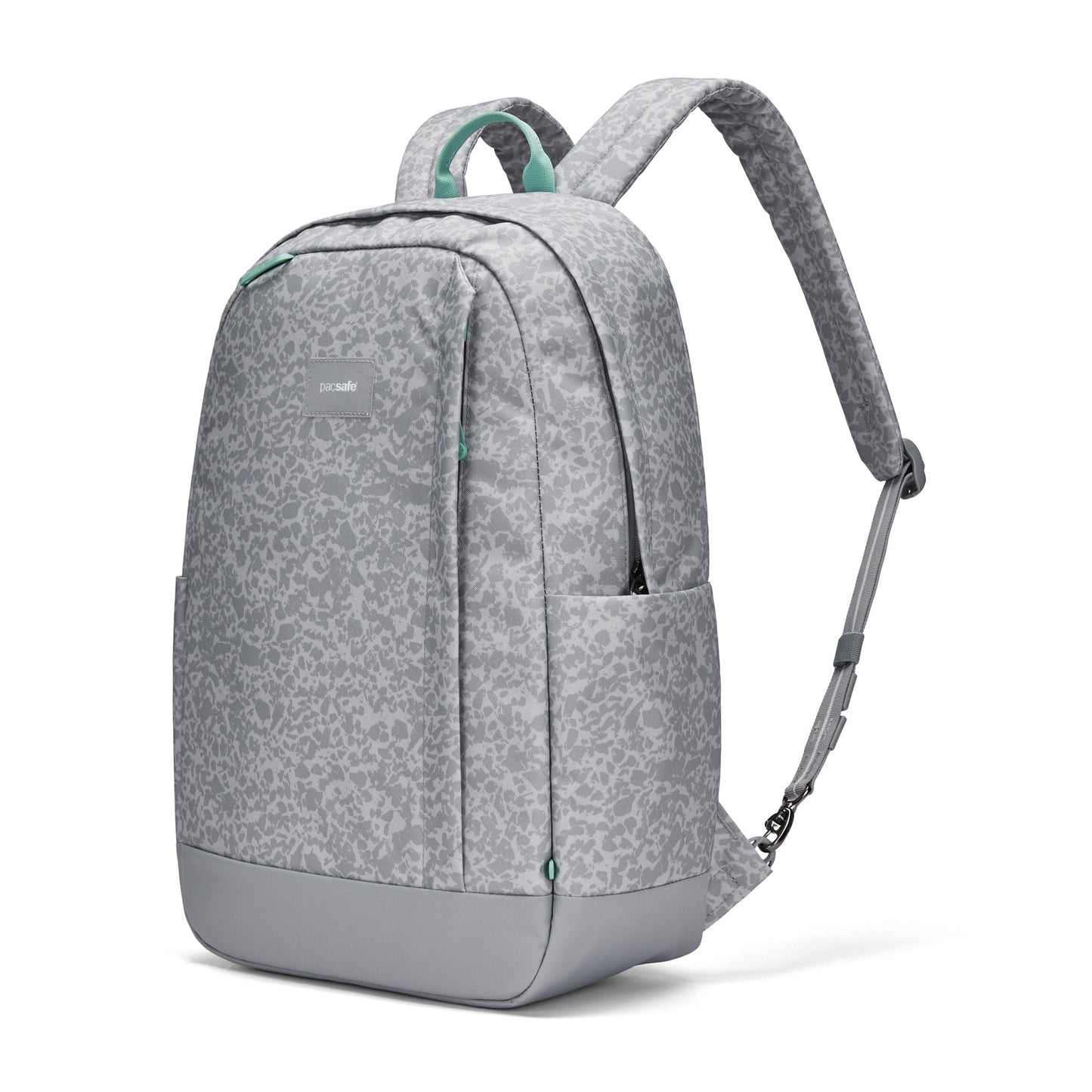 Pacsafe® GO 25L Anti-theft Backpack in light gray with teal accents, cut-resistant fabric, and side pockets.