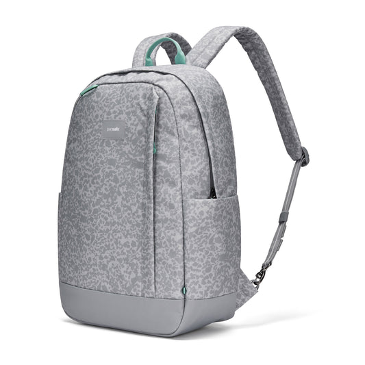 Product Image – Pacsafe® GO 25L Anti-theft Backpack in light gray with teal accents, cut-resistant fabric, and side pockets.