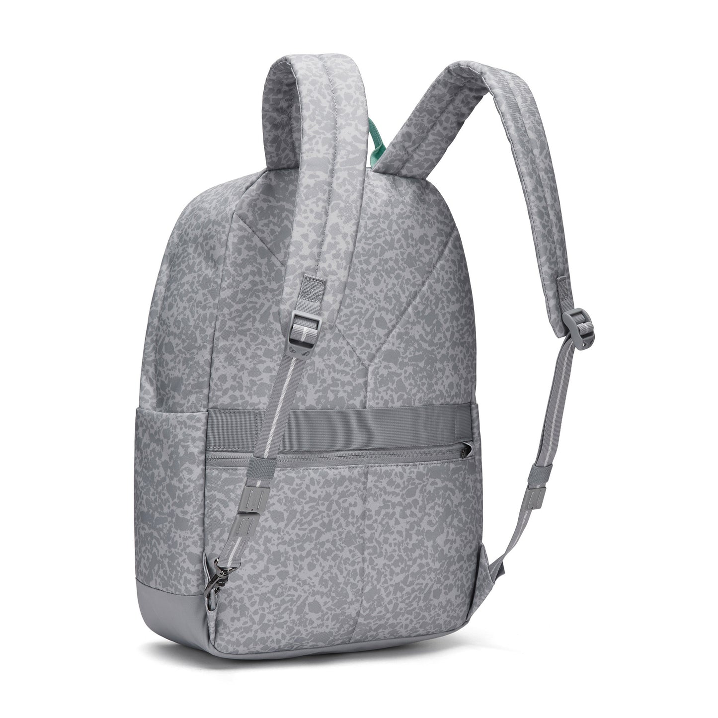 Pacsafe® GO 25L Anti-theft Backpack: light gray, patterned, dual straps, side & rear zip pockets.