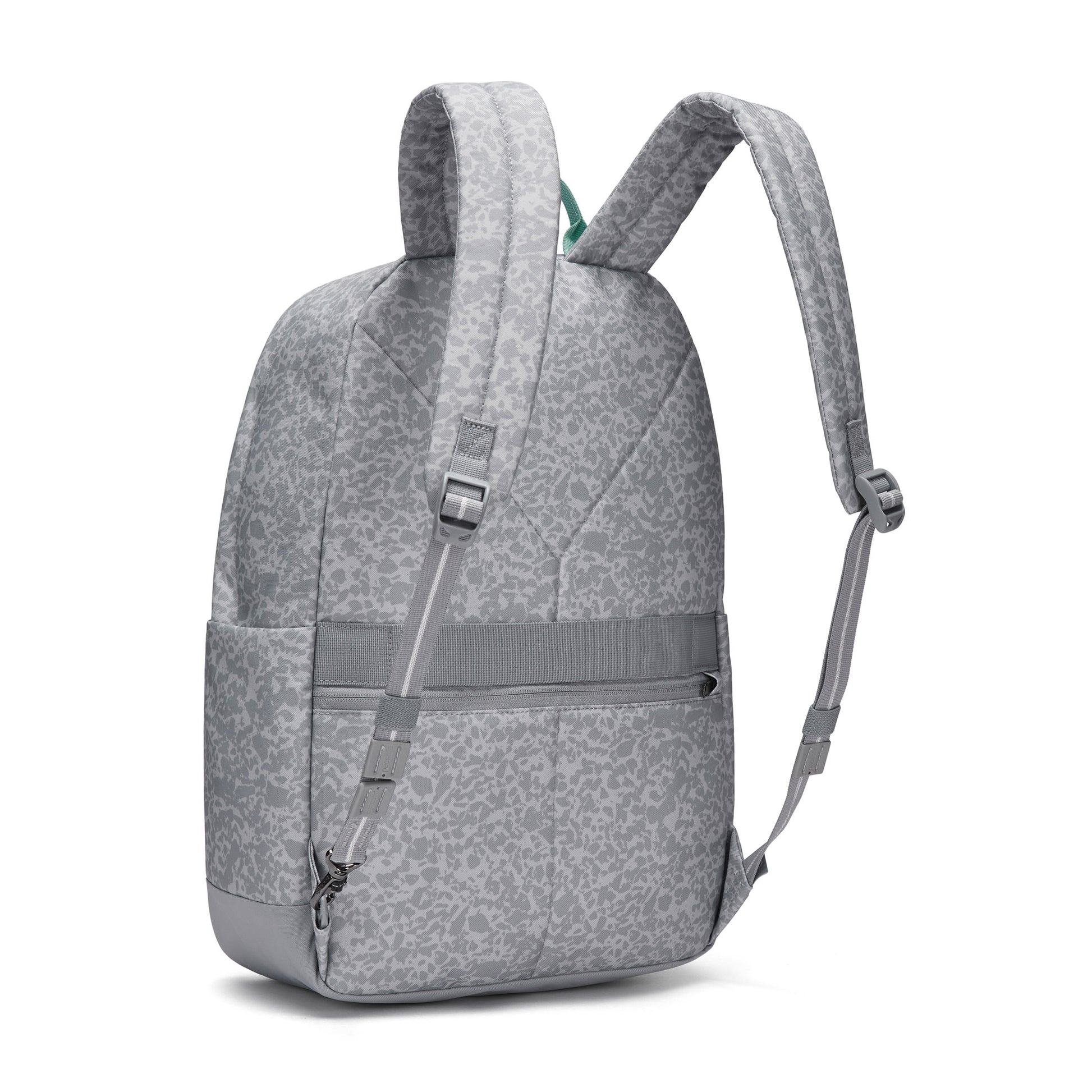 Pacsafe® GO 25L Anti-theft Backpack: light gray, patterned, dual straps, side & rear zip pockets.