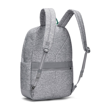 Pacsafe® GO 25L Anti-theft Backpack: light gray, patterned, dual straps, side & rear zip pockets.