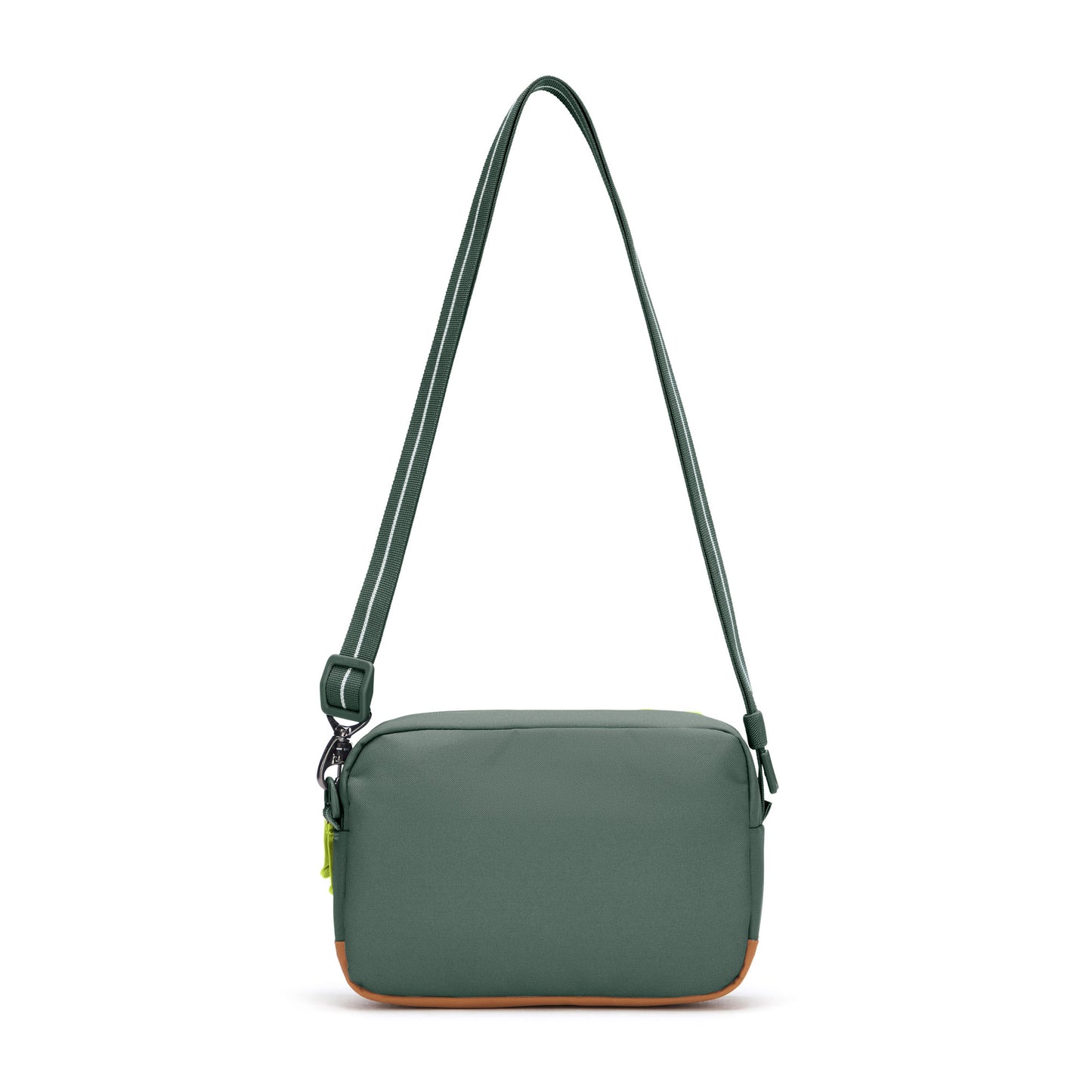 Pacsafe® GO Anti-Theft Crossbody Bag, spruce green, back view with crossbody strap extended