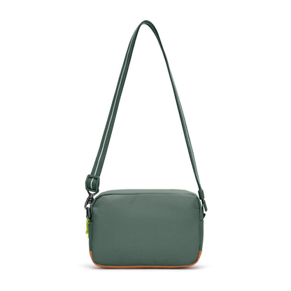 Pacsafe® GO Anti-Theft Crossbody Bag, spruce green, back view with crossbody strap extended