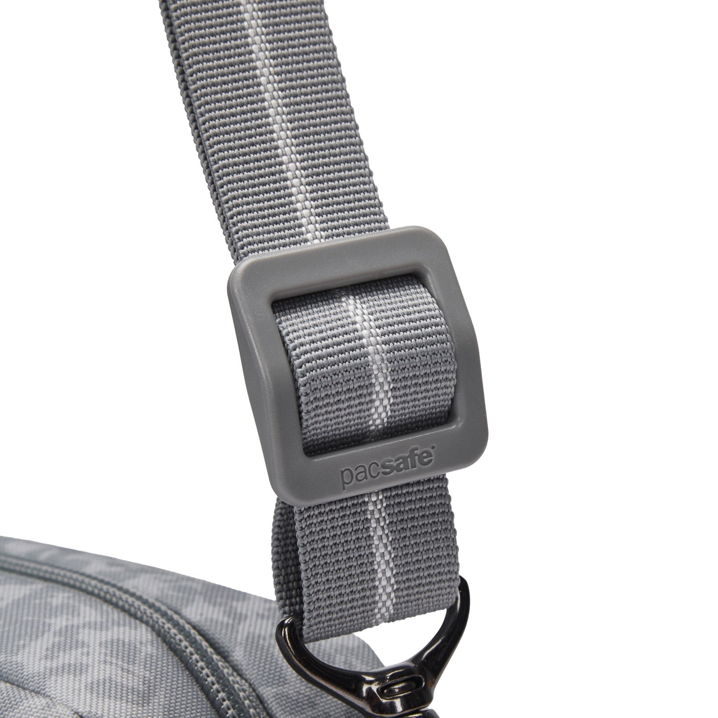 Close-up of a gray adjustable strap with buckle on the Pacsafe® GO Anti-Theft Crossbody Bag by Pacsafe.