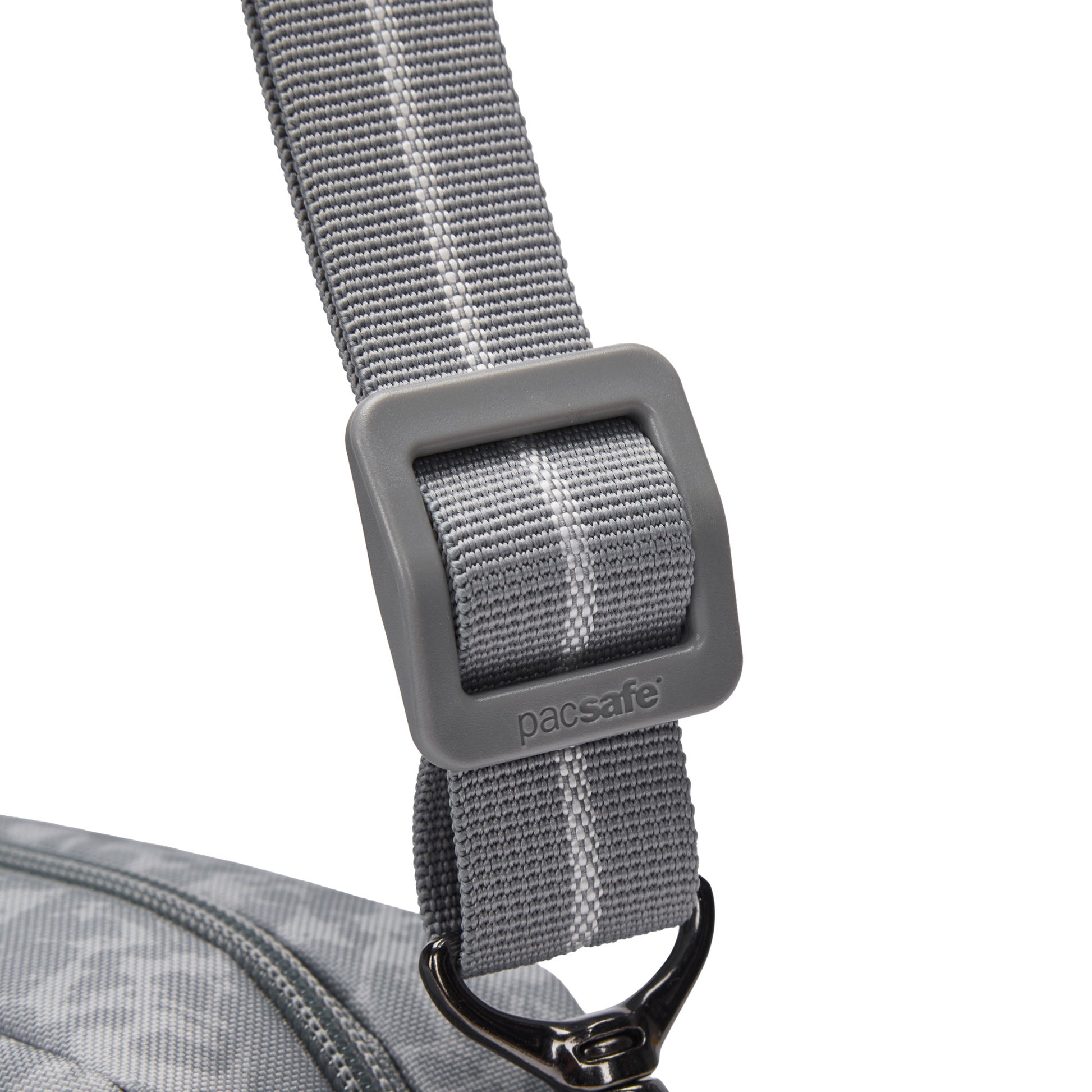 Close-up of a gray adjustable strap with buckle on the Pacsafe® GO Anti-Theft Crossbody Bag by Pacsafe.