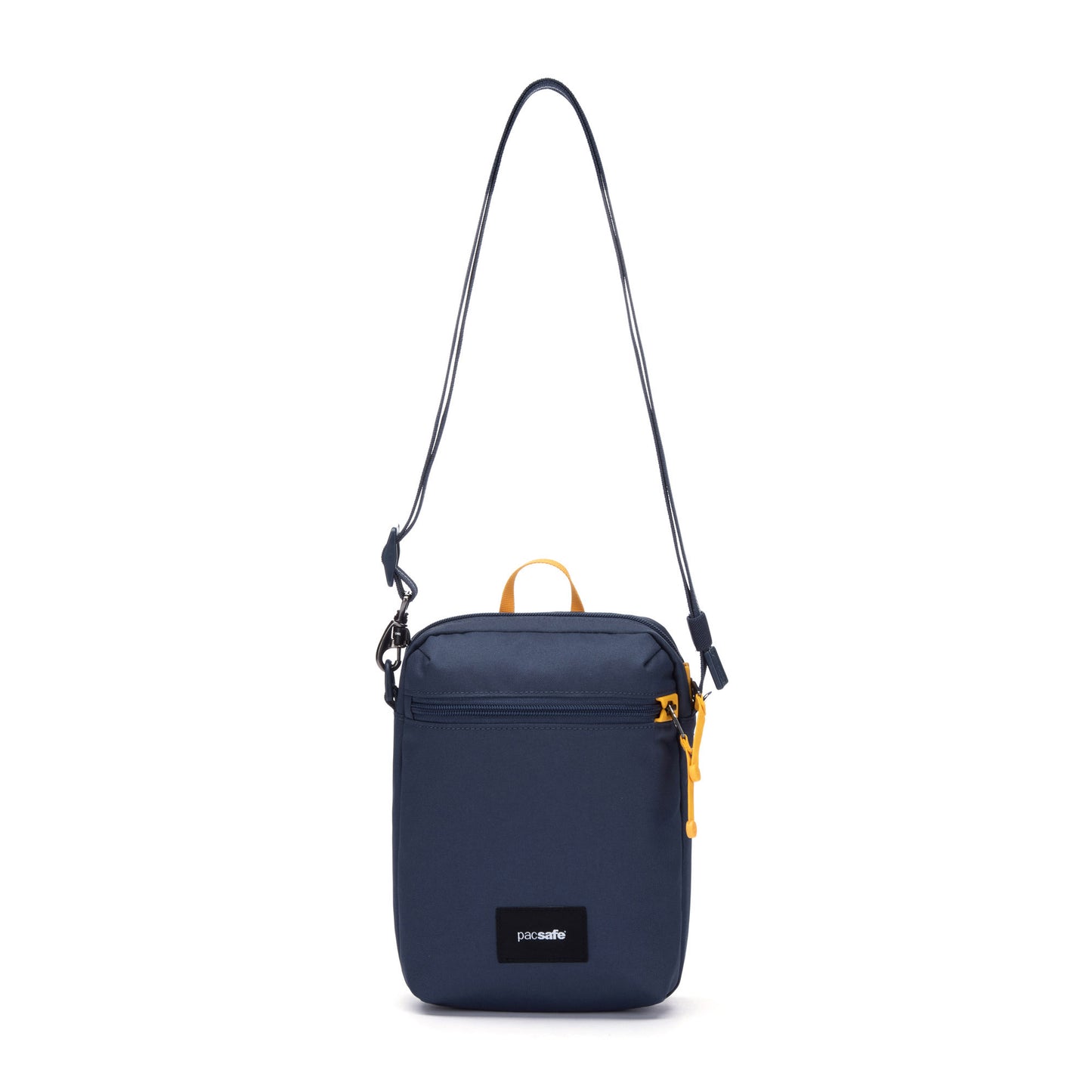 Pacsafe® GO Anti-Theft Festival Crossbody in coastal blue colour, front view with cut-resistant shoulder strap fully extended.