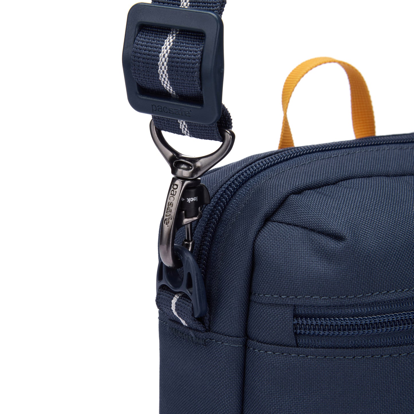 Pacsafe® GO Anti-Theft Festival Crossbody in coastal blue colour close-up of cut resistant shoulder strap with turn n lock clasp.