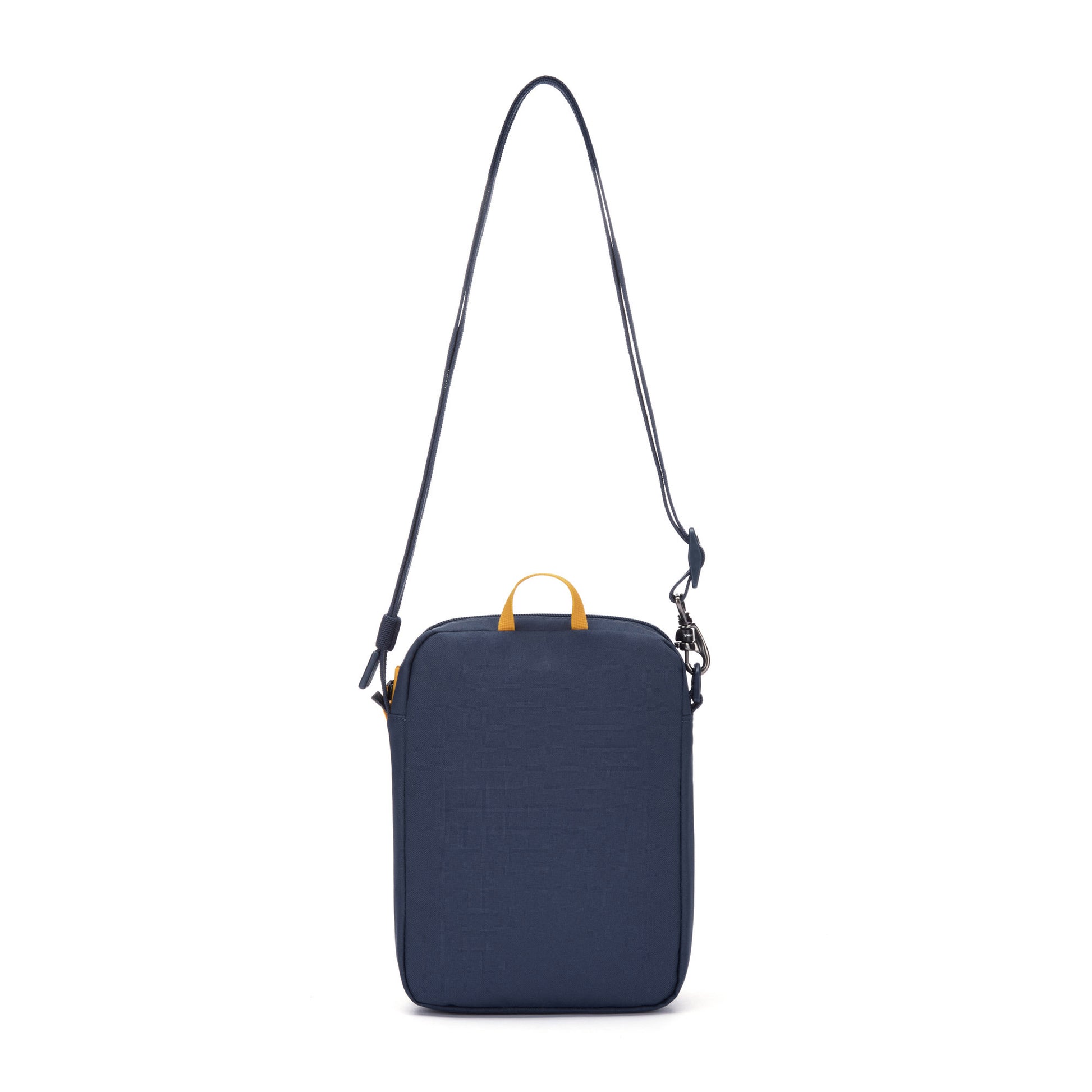 Pacsafe® GO Anti-Theft Festival Crossbody in coastal blue colour, front left side view with cut-resistant shoulder strap fully extended.