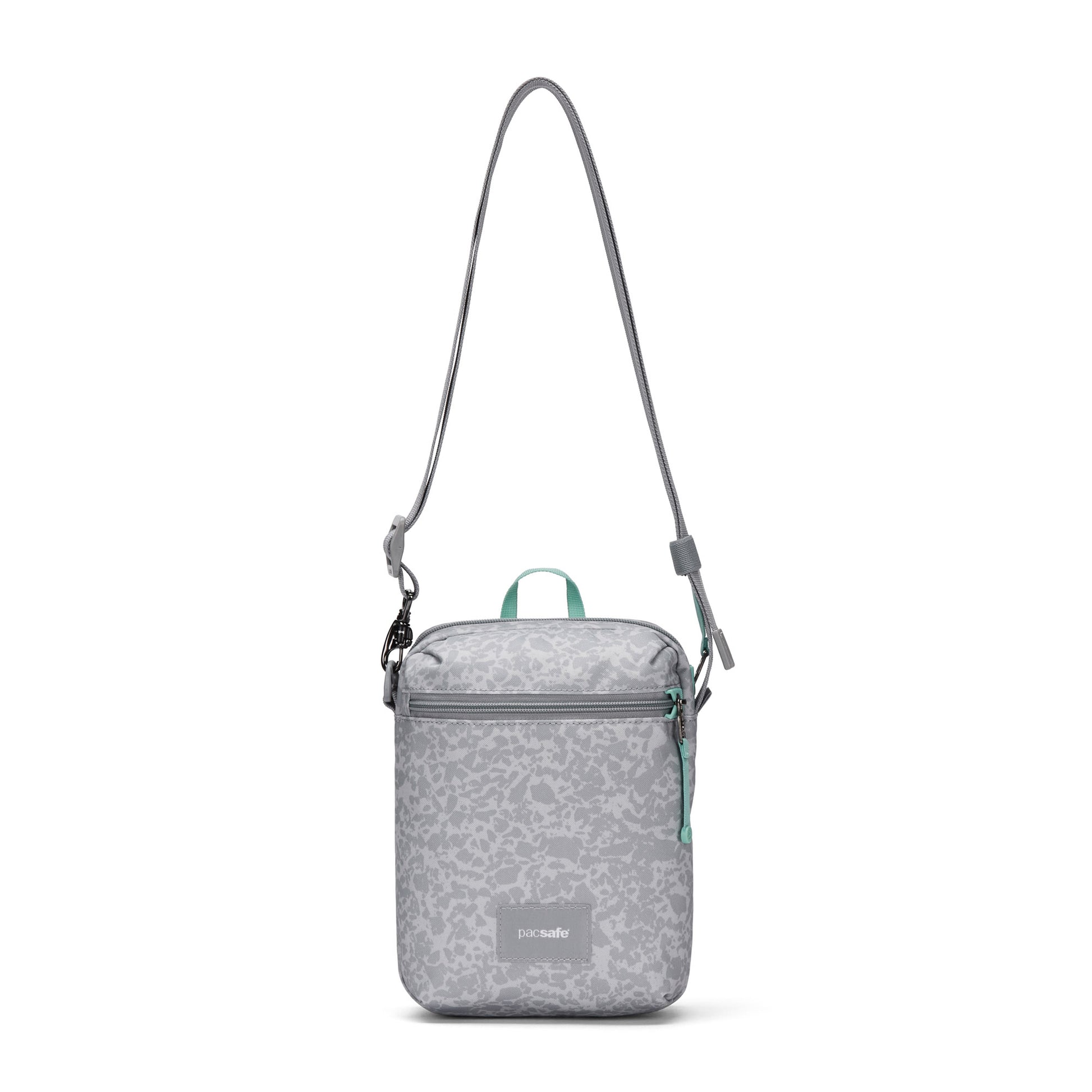 Pacsafe® GO Festival Crossbody: small, grey, anti-theft bag with RFID pocket, zipper closure, adjustable strap.
