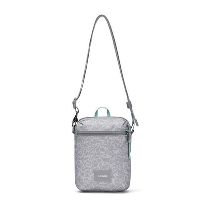 Pacsafe® GO Festival Crossbody: small, grey, anti-theft bag with RFID pocket, zipper closure, adjustable strap.