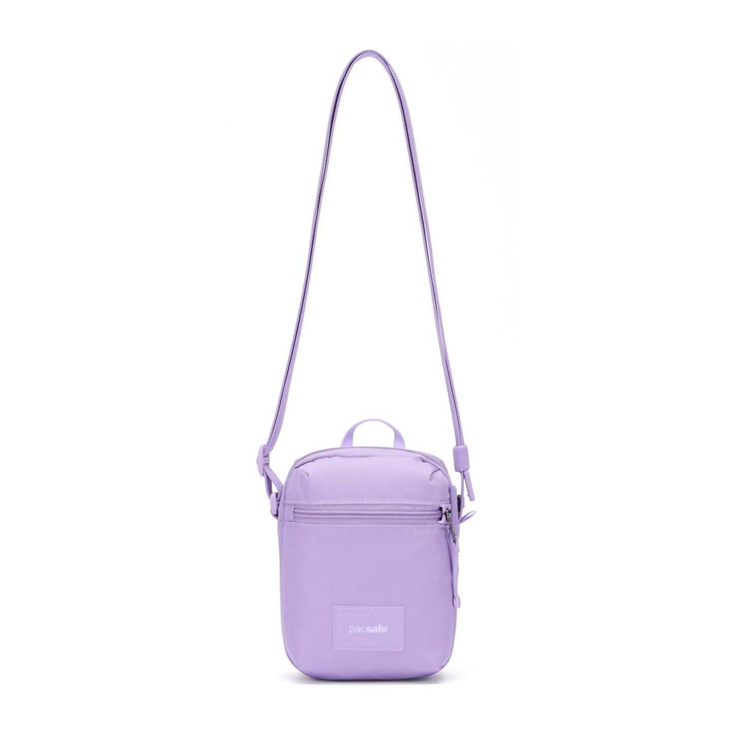 The Pacsafe® GO Anti-Theft Micro Crossbody is a small, rectangular lavender bag with RFID protection and an adjustable strap.
