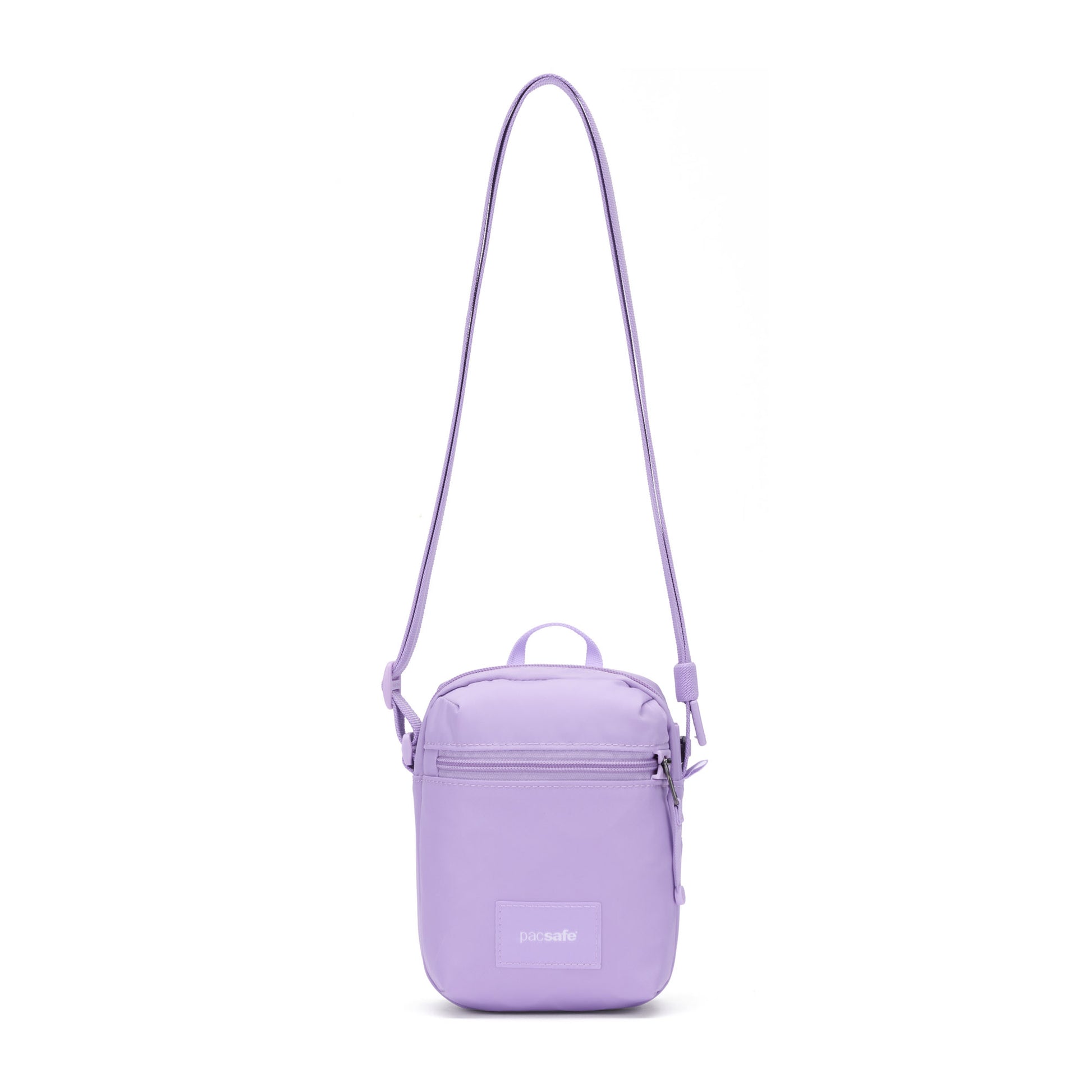 The Pacsafe® GO Anti-Theft Micro Crossbody is a small, rectangular lavender bag with RFID protection and an adjustable strap.