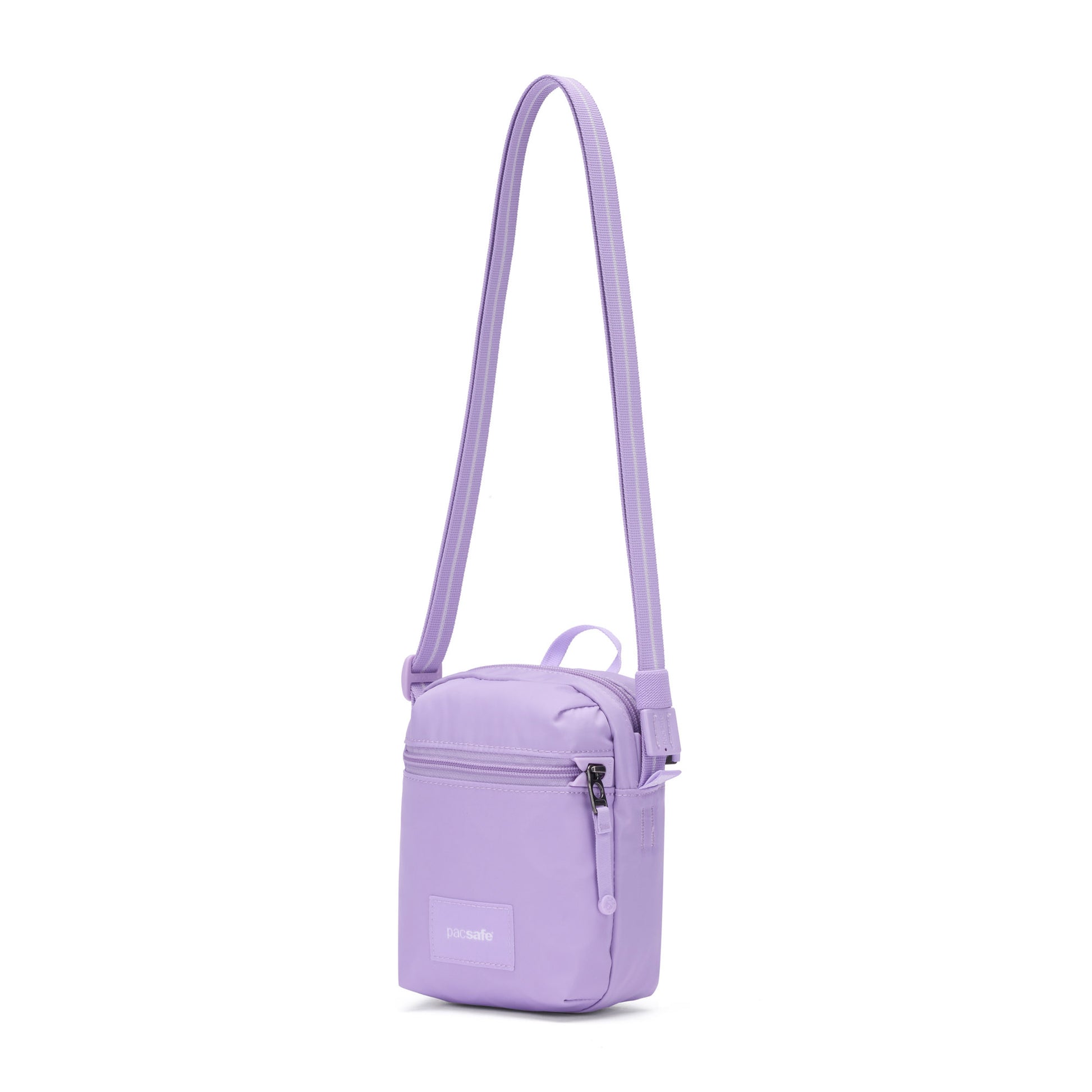 The Pacsafe® GO Anti-Theft Micro Crossbody is a small purple bag with RFID-blocking pocket and long strap.