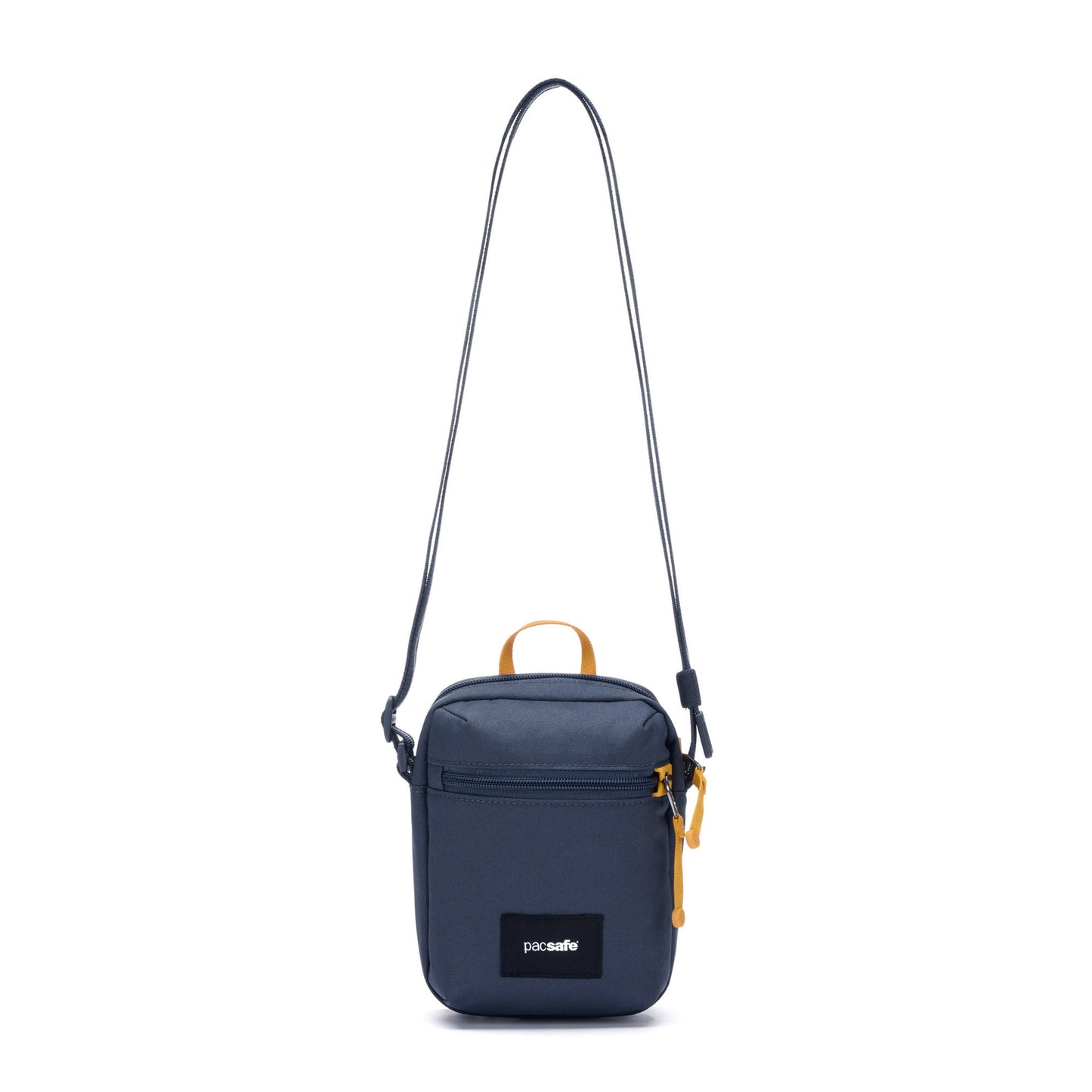 Pacsafe® GO Anti-Theft Micro Crossbody, navy blue, recycled polyester, blue strap, front zipper pocket.
