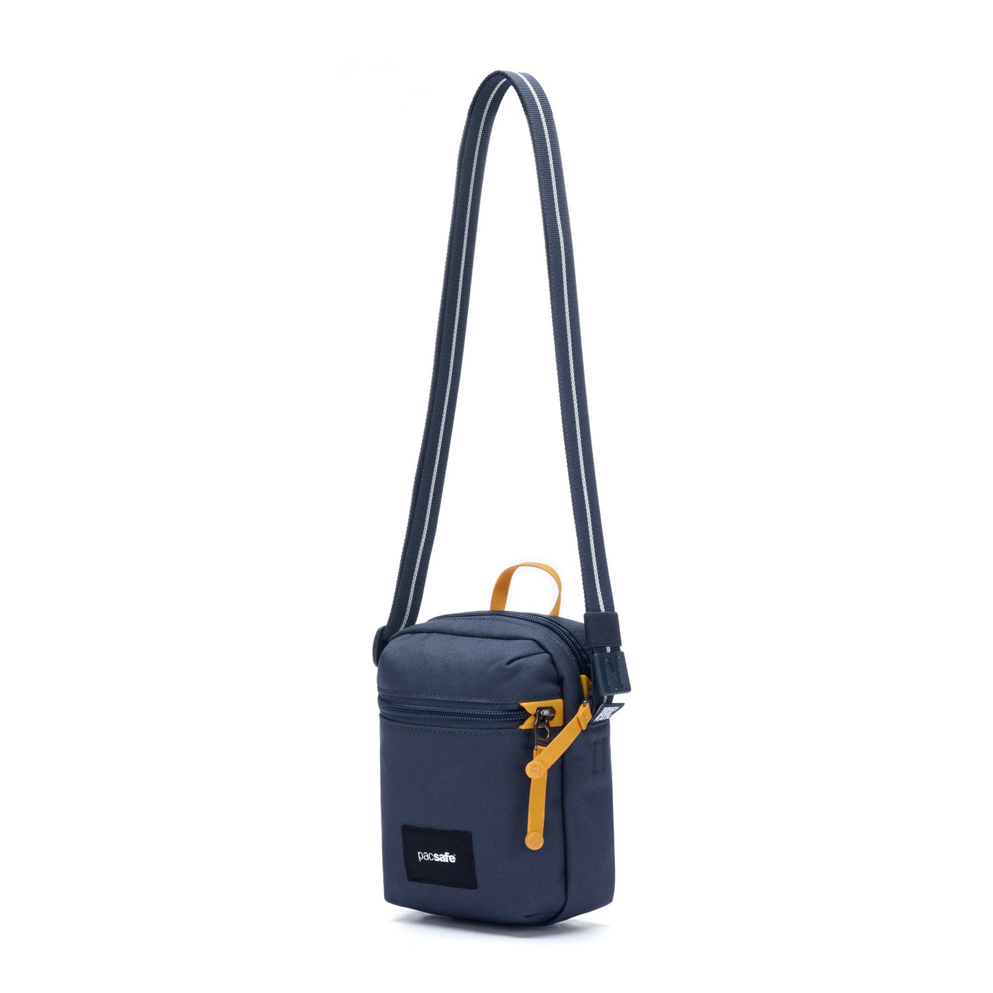 The Pacsafe® GO Anti-Theft Micro Crossbody is a small navy bag with a blue strap and yellow zipper pull.