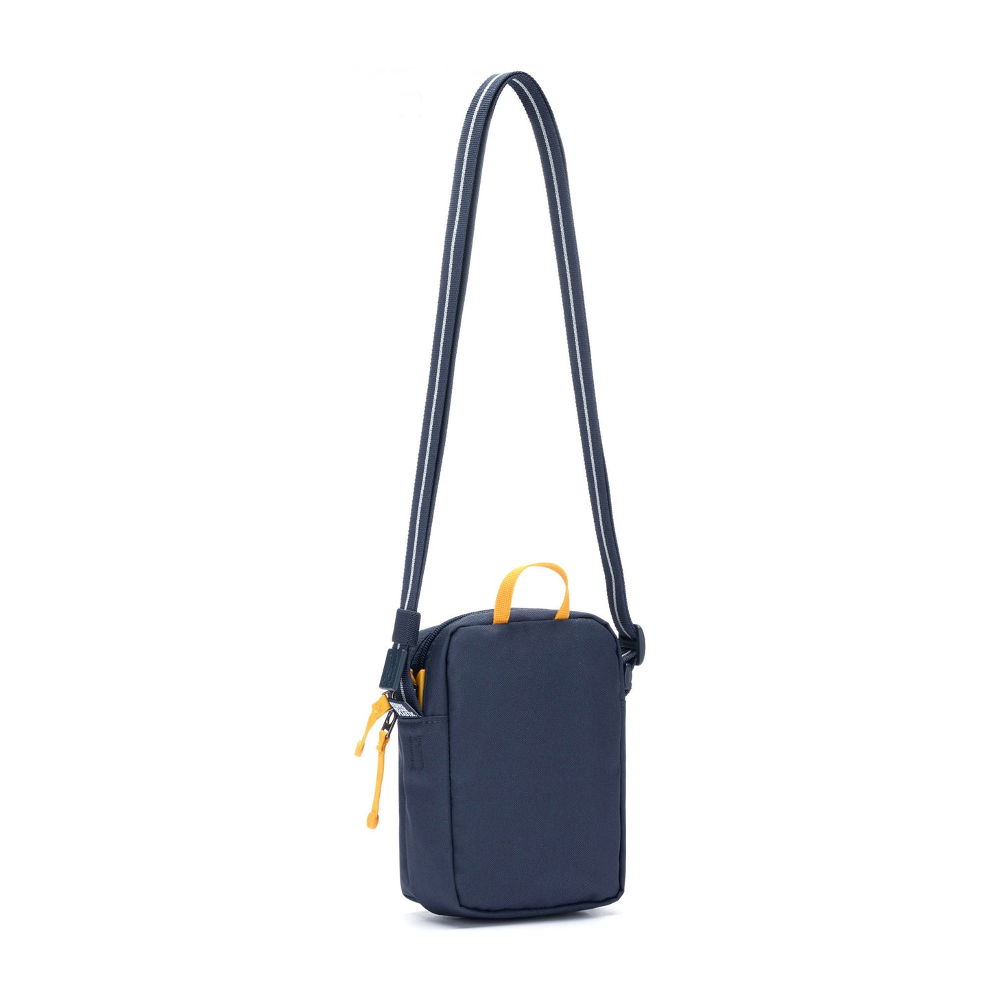 Pacsafe® GO Anti-Theft Micro Crossbody in navy, recycled polyester, yellow zippers, back view.