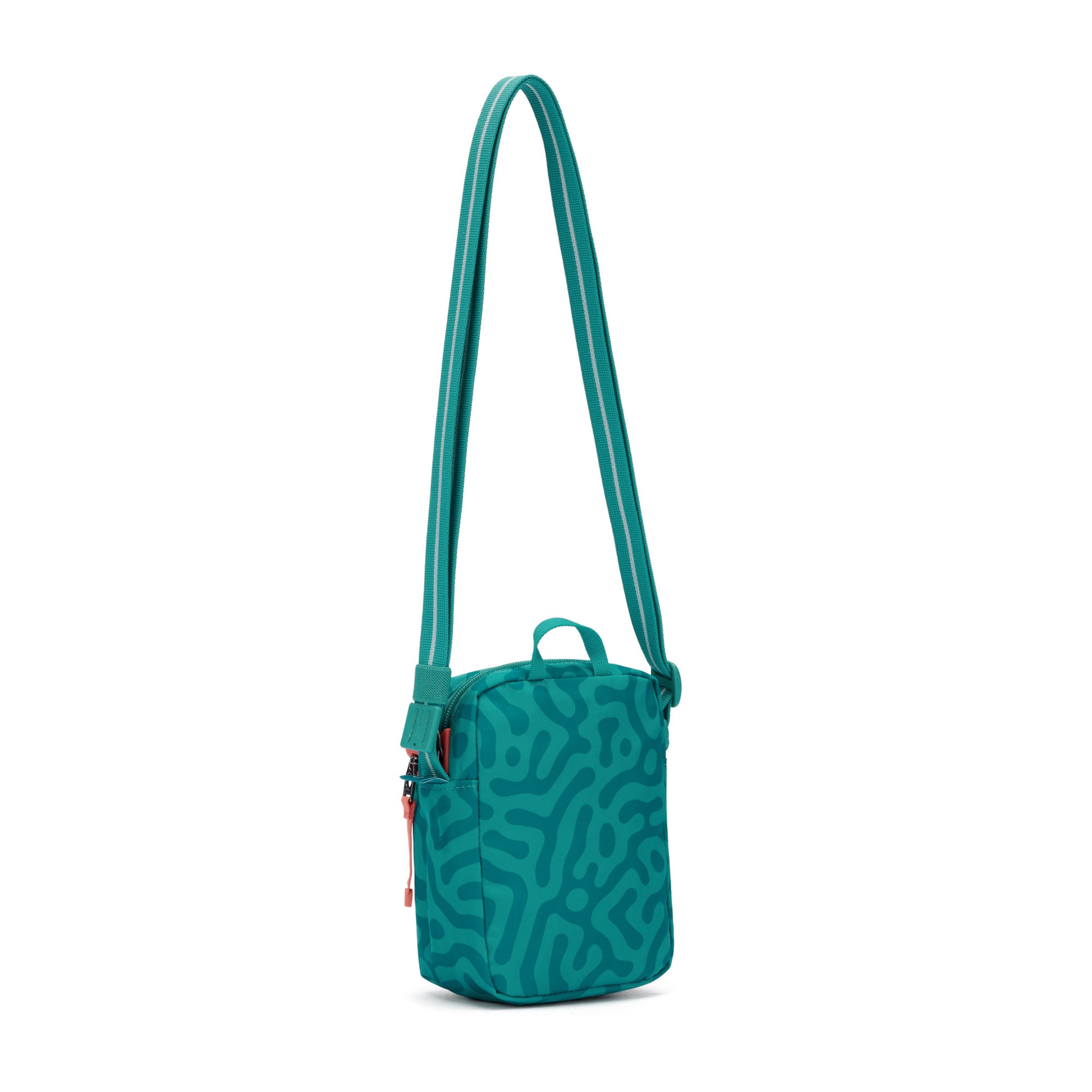 Pacsafe® GO Anti-Theft Micro Crossbody: teal, abstract pattern, RFID pocket, zip closure, adjustable strap.
