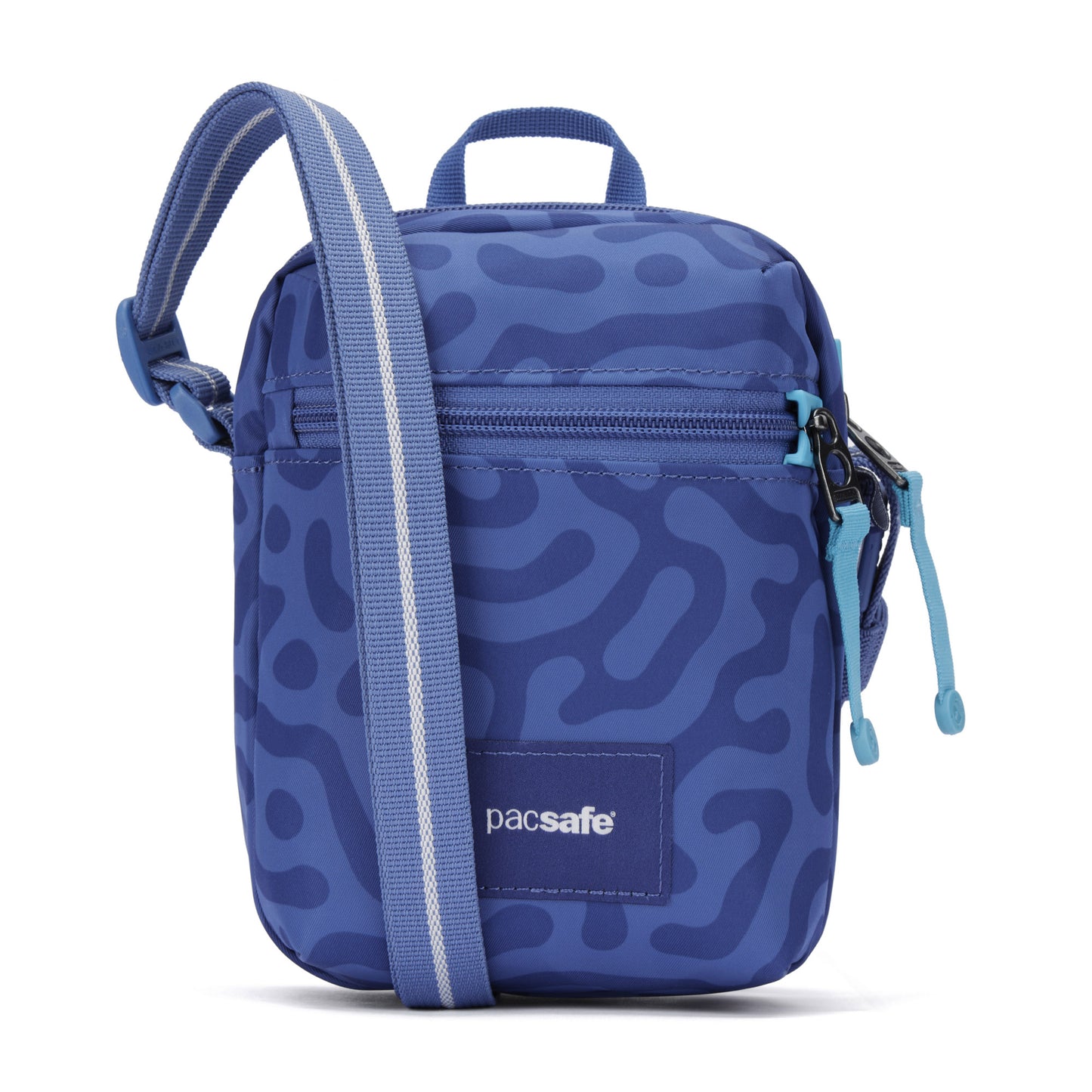 Pacsafe® GO Anti-Theft Micro Crossbody: small blue bag with abstract pattern, RFID pocket & adjustable strap.