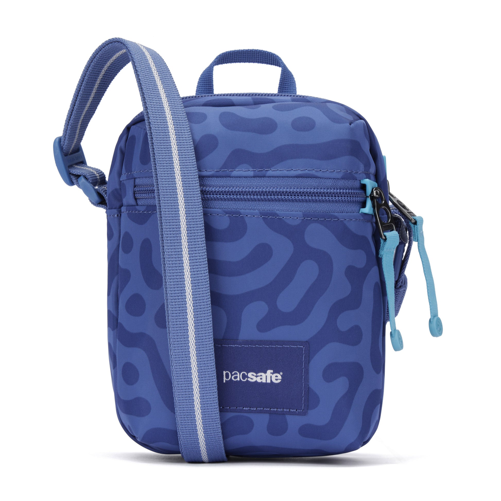 Pacsafe® GO Anti-Theft Micro Crossbody: small blue bag with abstract pattern, RFID pocket & adjustable strap.