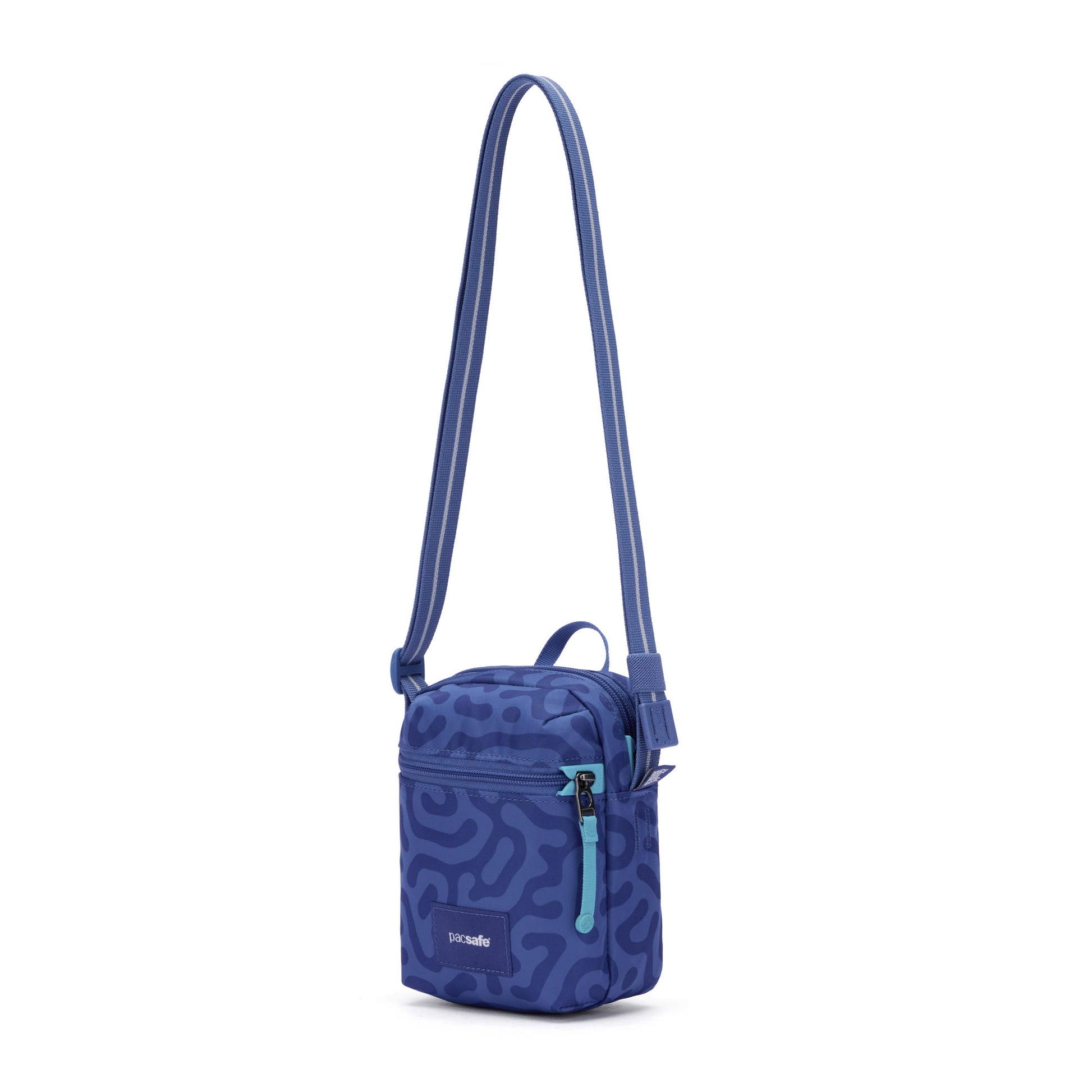 The Pacsafe® GO Anti-Theft Micro Crossbody is a small blue recycled polyester bag with abstract pattern and front zip.