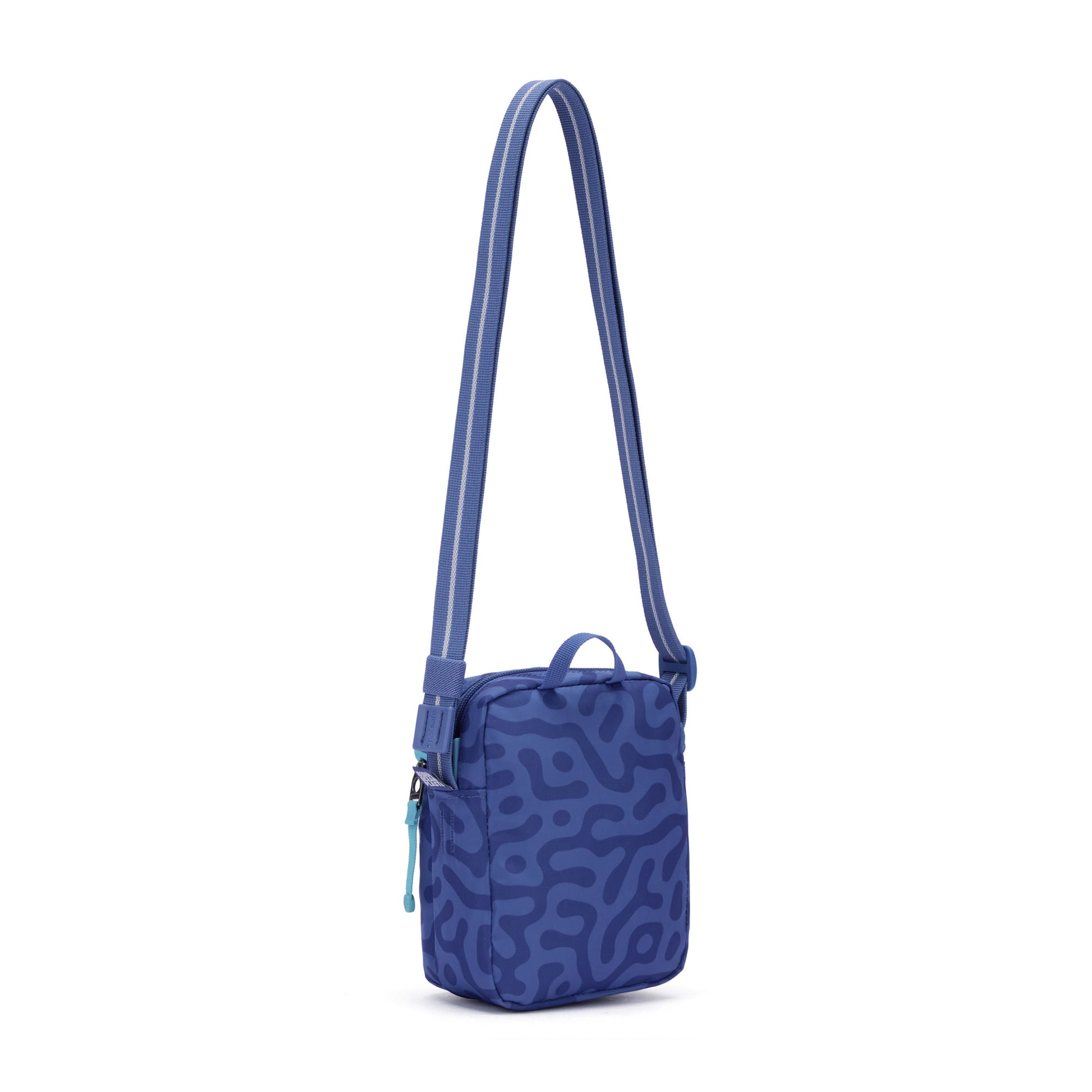 The Pacsafe® GO Anti-Theft Micro Crossbody is a small, square blue bag with a wavy pattern and adjustable strap.