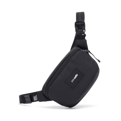The Pacsafe® GO Anti-Theft Micro Sling by Pacsafe in black, with zipper pocket and adjustable strap on white background.